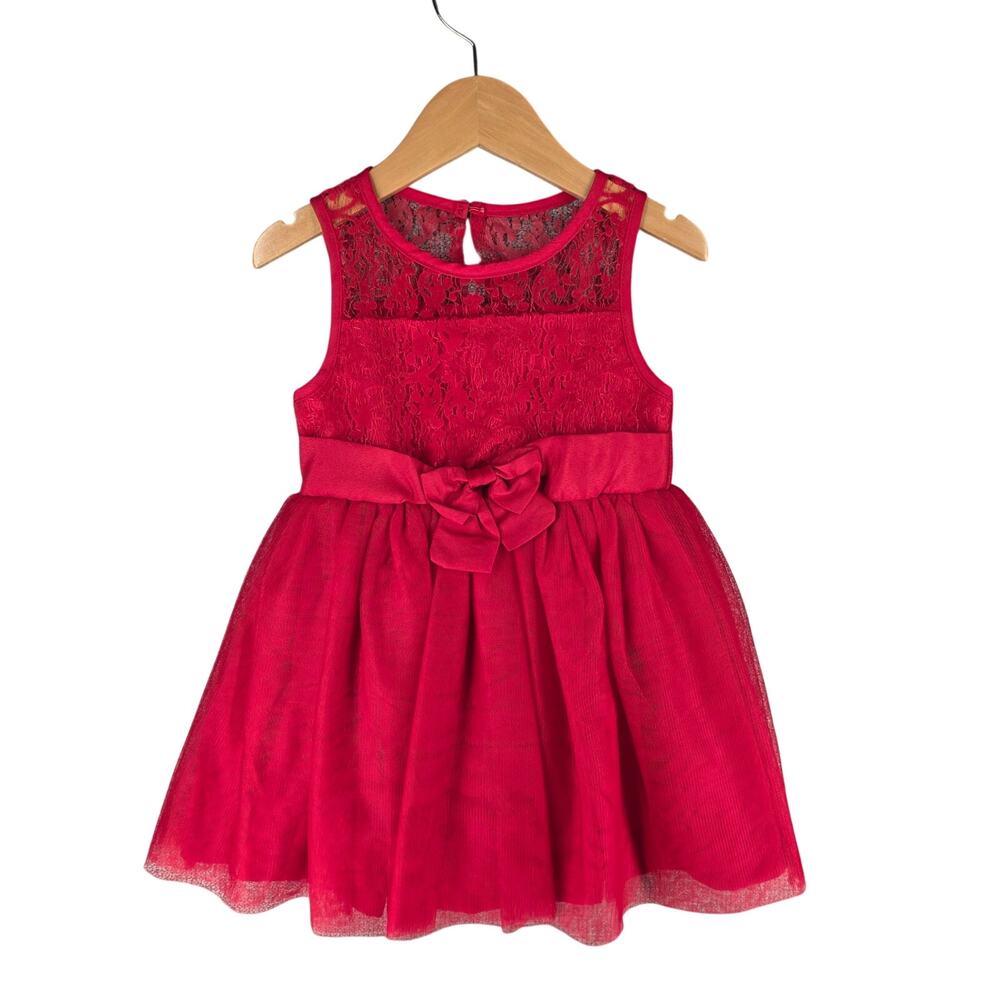 BCBG GIRLS RED LACE PARTY DRESS – TODDLER SIZE 24M – SHEER OVERLAY – CLEAN